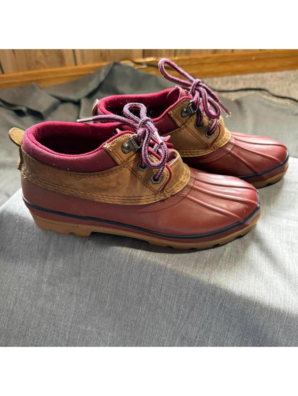 Lands' End Women's Size 8 Red & Tan Leather Waterproof Ankle Duck Boots Lace Up